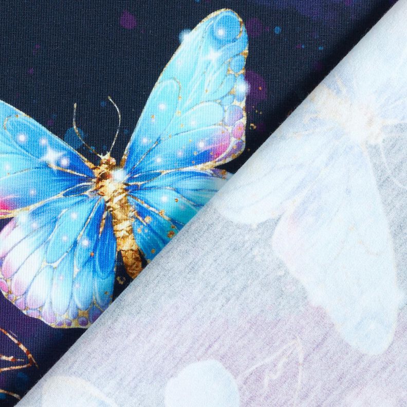 Bavlněný žerzej Třpytiví motýli a květiny | Glitzerpüppi  – noční modrá/ledově modrá,  image number 4