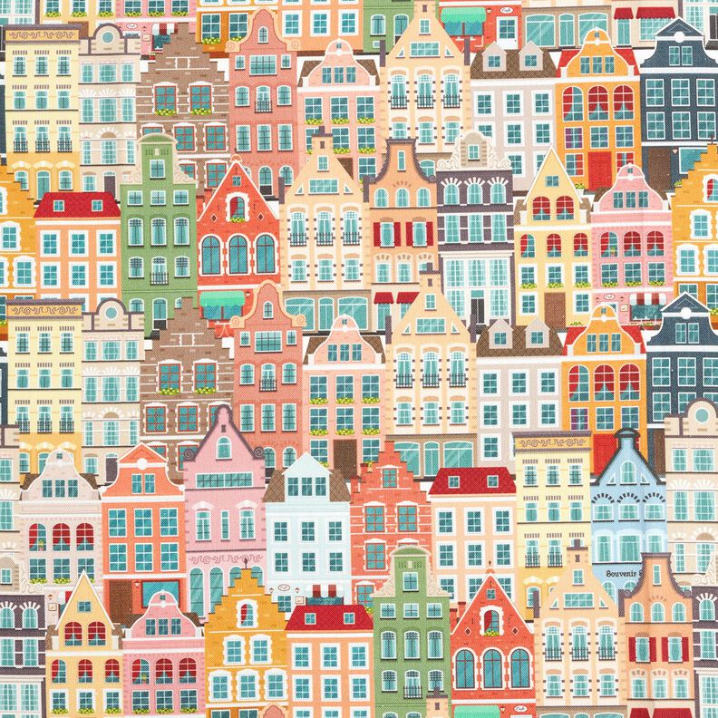 Dekorační látka Polopanama Městské domy – slonová kost/taupe (šedohnědá),  image number 1