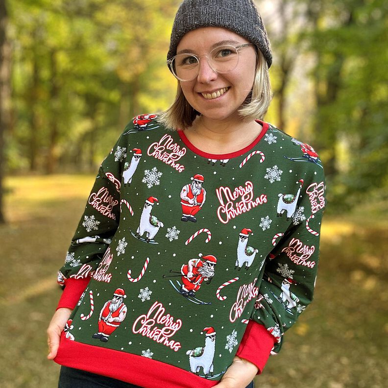 Francouzské froté letní teplákovina Santa Claus a lama | Glitzerpüppi – jedlově zelená/chili,  image number 5