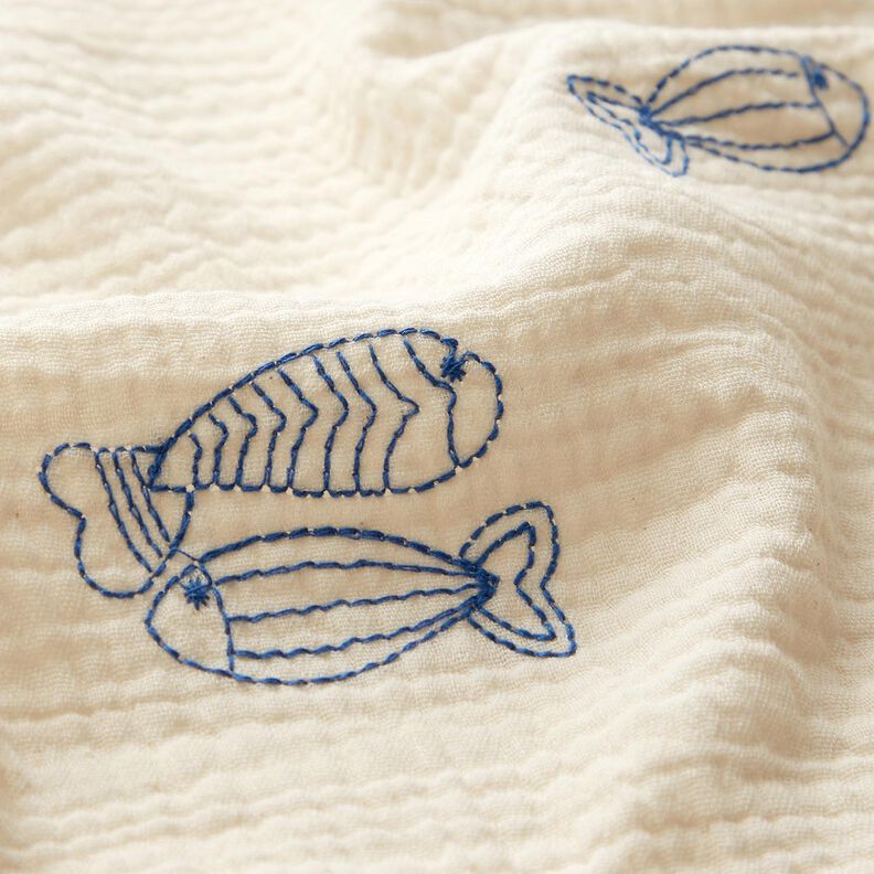 Mušelín / dvojitá mačkaná tkanina vyšívané ryby | Poppy Fabrics – vlněná bílá/královská modr,  image number 6