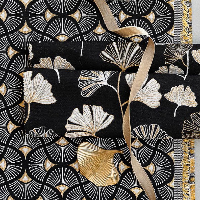 Dekorační látka Žakár Listy ginkgo – černá/zlatá, image number 7