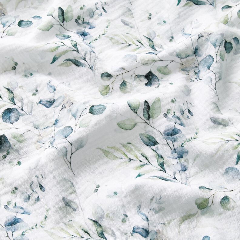 Mušelín / dvojitá mačkaná tkanina Akvarel listové úponky digitální potisk – bílá,  image number 2