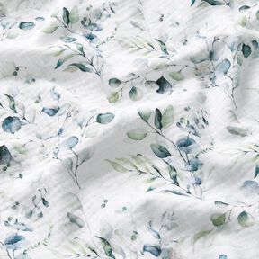 Mušelín / dvojitá mačkaná tkanina Akvarel listové úponky digitální potisk – bílá, 