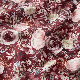Mušelín / dvojitá mačkaná tkanina Akvarelové růže digitální potisk – bordó, 
