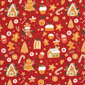 Bavlněná látka Popelín Perník – karmínově červená/hořčicove žlutá, 