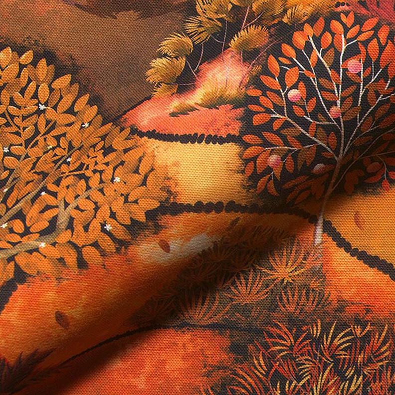 Dekorační látka polopanama s digitálním potiskem Krajina na podzim – bronzová/oranžová,  image number 2