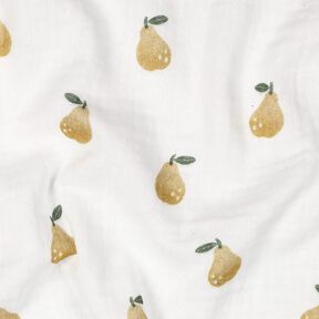 Mušelín / dvojitá mačkaná tkanina Hruška digitální potisk | Poppy Fabrics – bílá/olivově žlutá, 