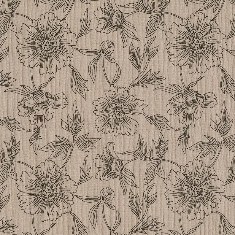 Mušelín / dvojitá mačkaná tkanina Velké květiny – taupe (šedohnědá)/černá,  image number 1