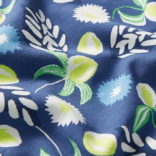 Bavlněný žerzej Listy a květiny – džínově modrá | Zbytek 80cm, 