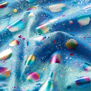 Fóliový žerzej Batikované barevné třpytivé skvrny – modrá, 