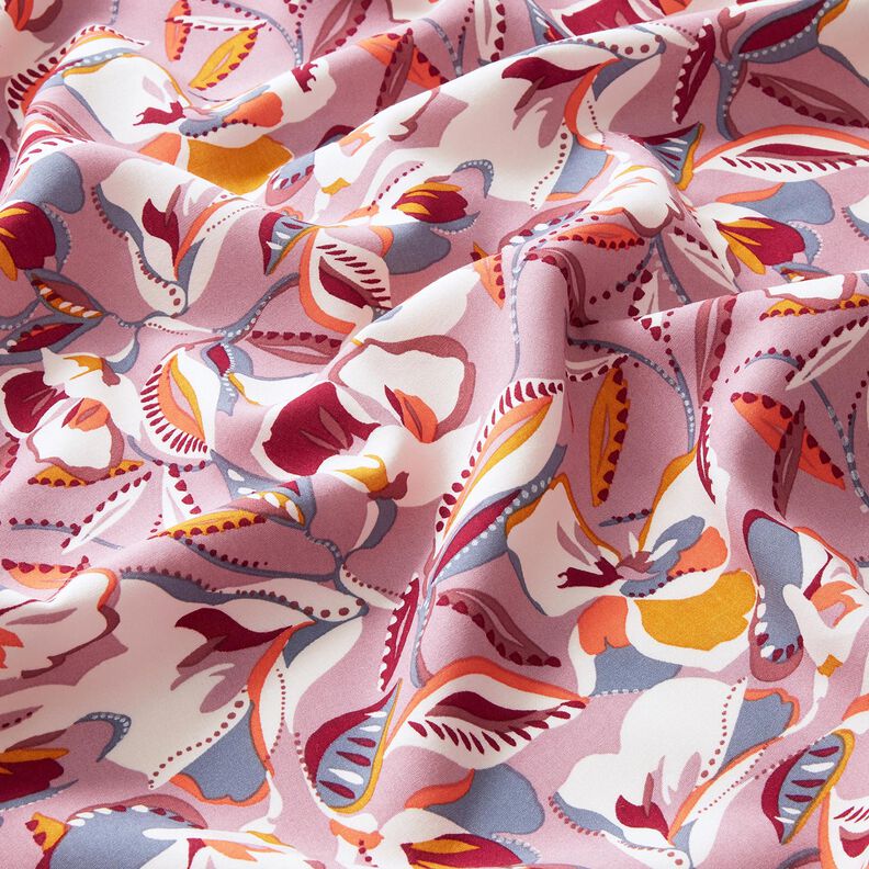 Viskózová tkanina grafické květy a listy – vlněná bílá/tmavě starorůžová,  image number 2