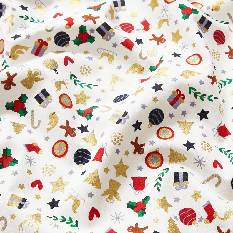 Bavlněná látka Popelín malé vánoční motivy – světle béžová/zlatá,  image number 2