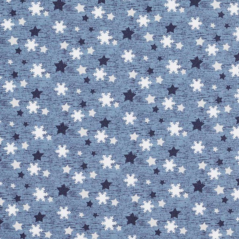 Teplákovina počesaná Sněhové vločky a hvězdičky digitální potisk – modrošedá,  image number 1