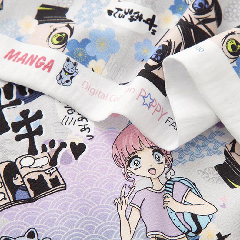Bavlněný žerzej Svět manga digitální potisk – stříbrně šedá, image number 3